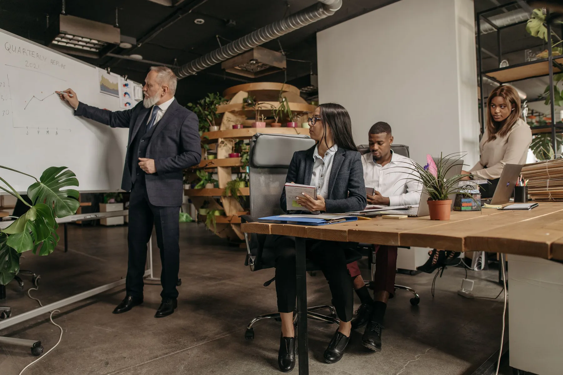 Business team discussing evidence at a whiteboard.
