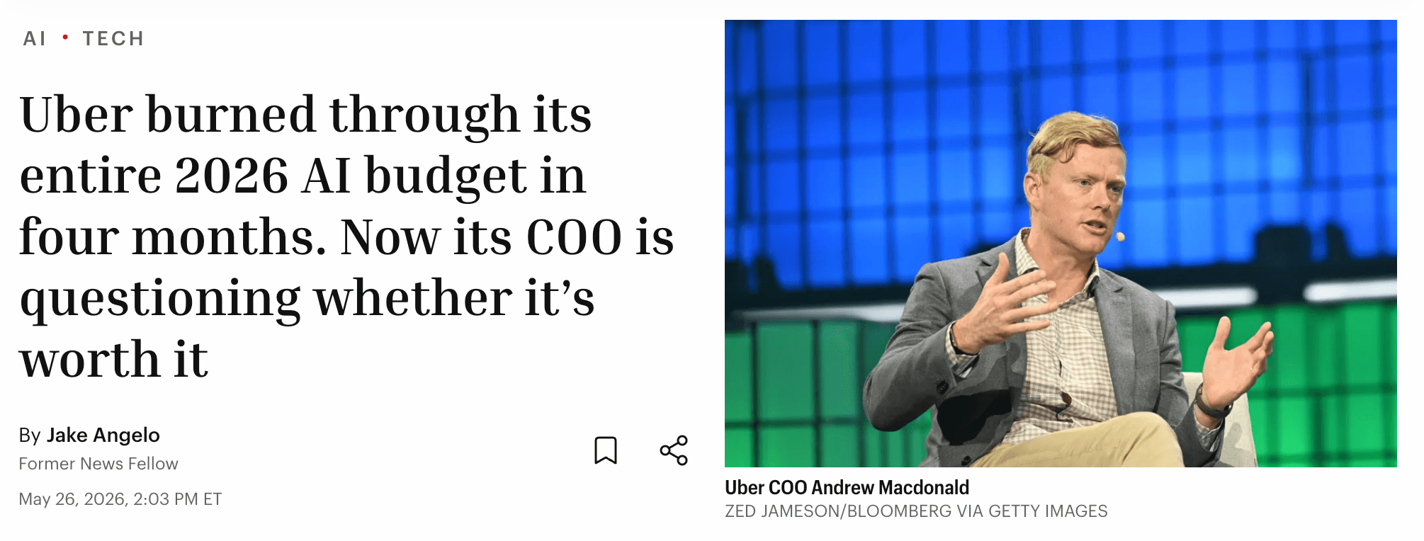 Forbes headline: Uber burned through its entire 2026 AI budget in four months. Now its COO is questioning whether it's worth it.