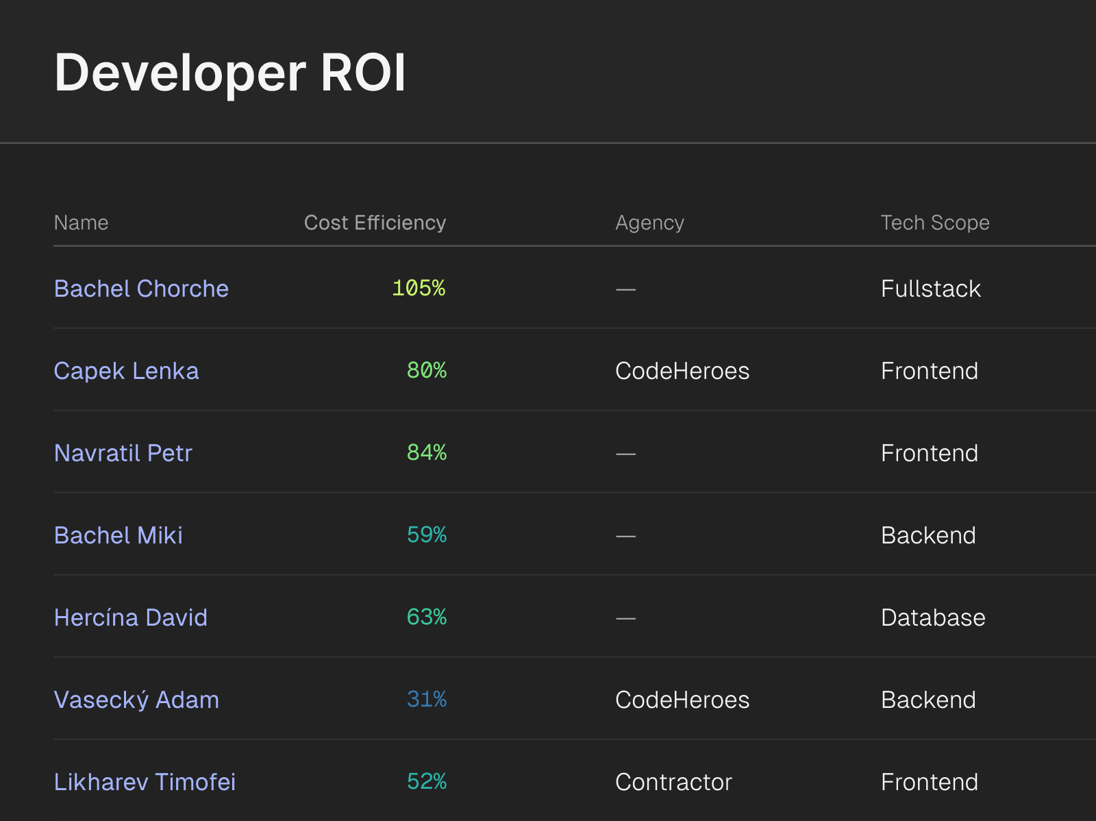 Developer ROI dashboard showing cost efficiency percentages by developer, agency affiliation, and technical specialization